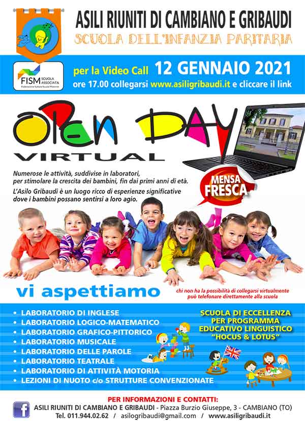 Locandina Open Day Virtuale 12 Gennaio 2021 | Asili Riuniti di Cambiano e Gribaudi
