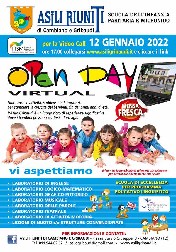 Locandina Open Day Virtuale 12 Gennaio 2022 | Asili Riuniti di Cambiano e Gribaudi
